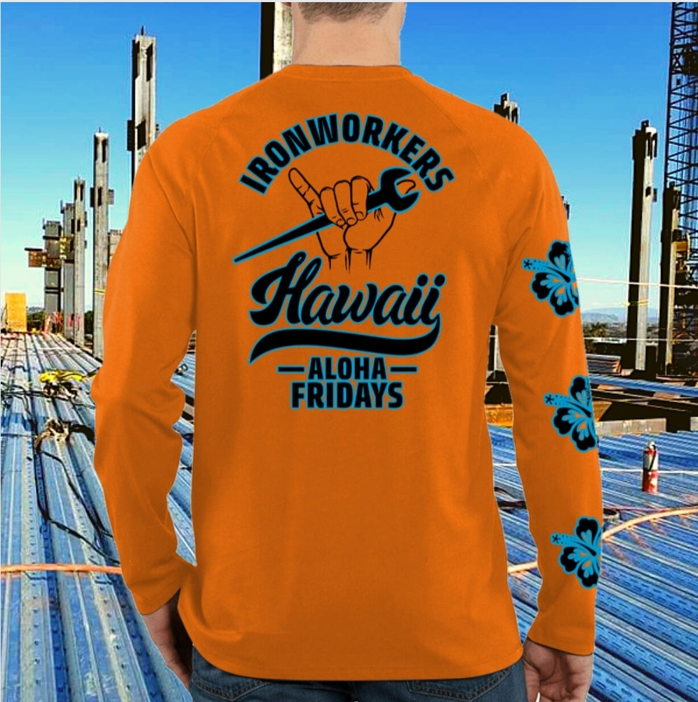 Safety Orange Ironworker Hawaiian Friday Long Sleeve Shirt